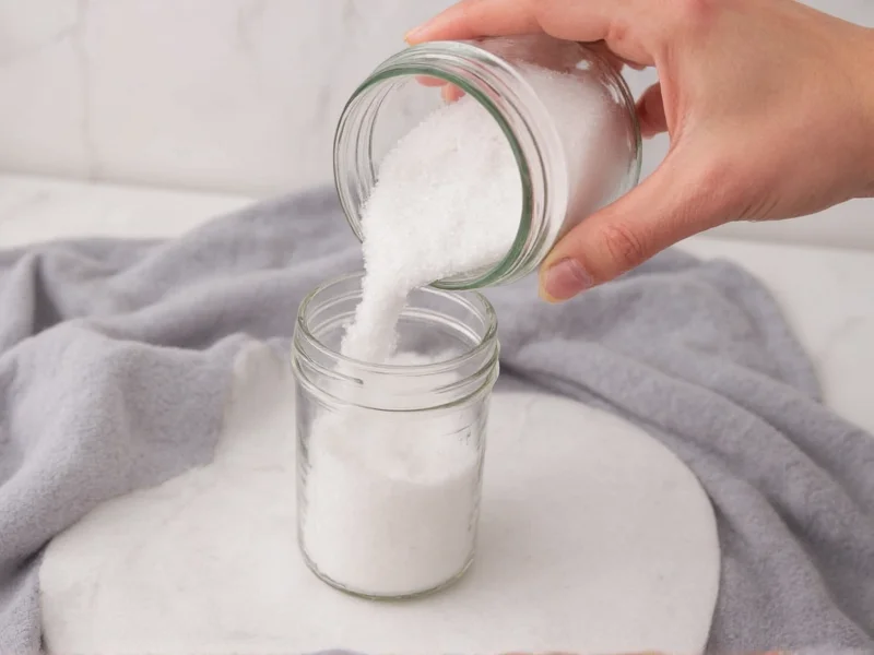 Hand pouring lavender bath salts into glass jar