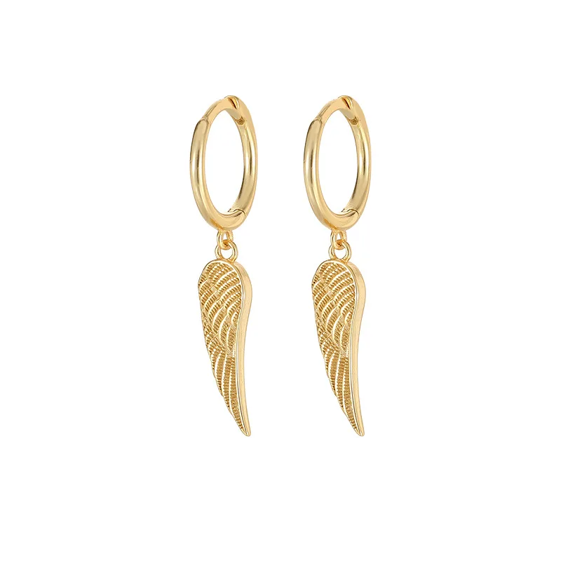 Factory Dropshipping 925 Sterling Silver Fashion Jewelry Earrings Wing Feather Pendant Gold Plated Hoop Earrings Women