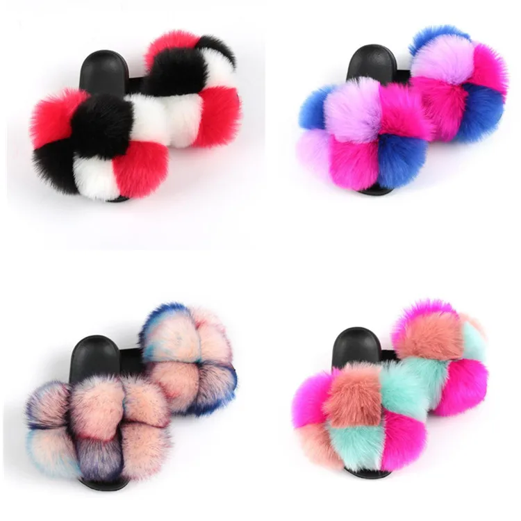 

2020 Winter Trendy Womens Pom Pom Fur Shoes Faux Fox Slipper Full Fur Ball Slides Lady, As pictures or customized color