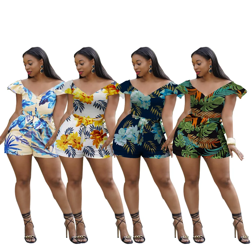 

Hot summer clothing sexy flower printed boho chic style shorts jumpsuits with belt womens floral jumpsuit