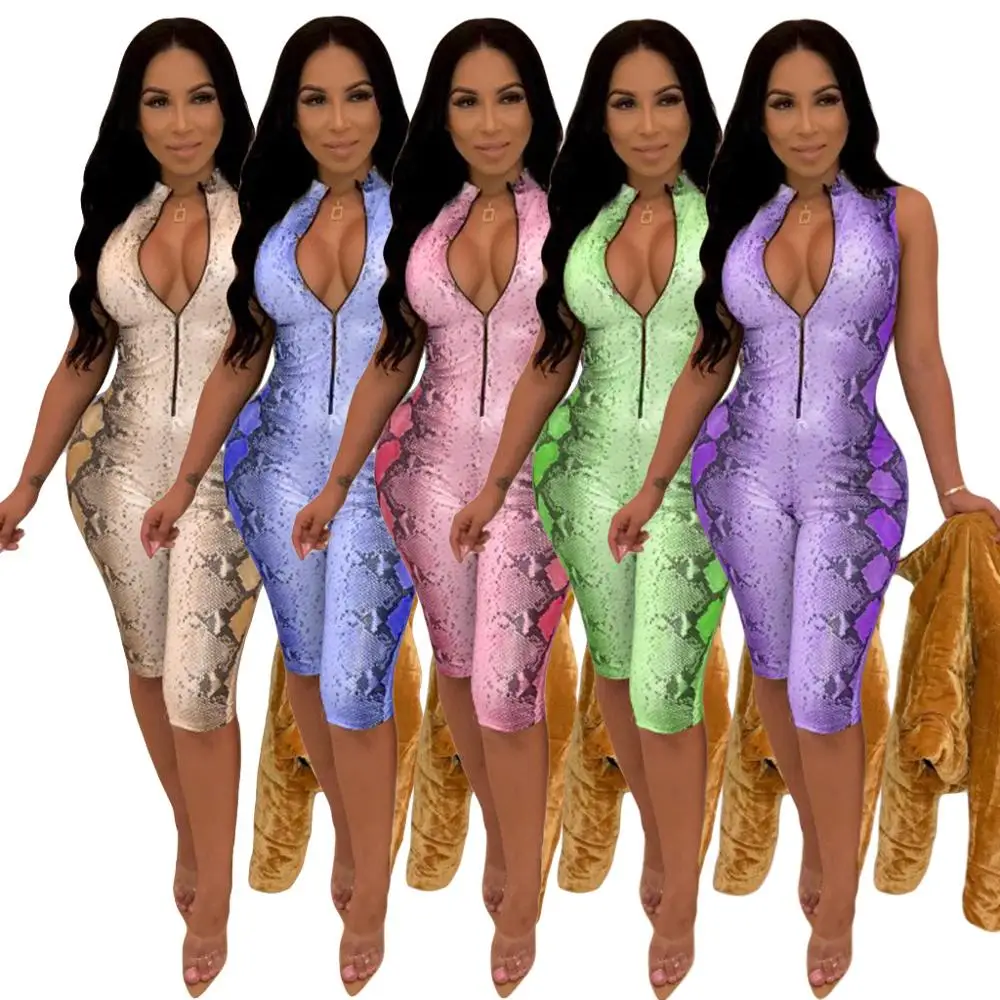 
Womens Casual Stand Neck Front Zipper Short Sleeve Short Pants Snakeskin Print Romper Jumpsuit 