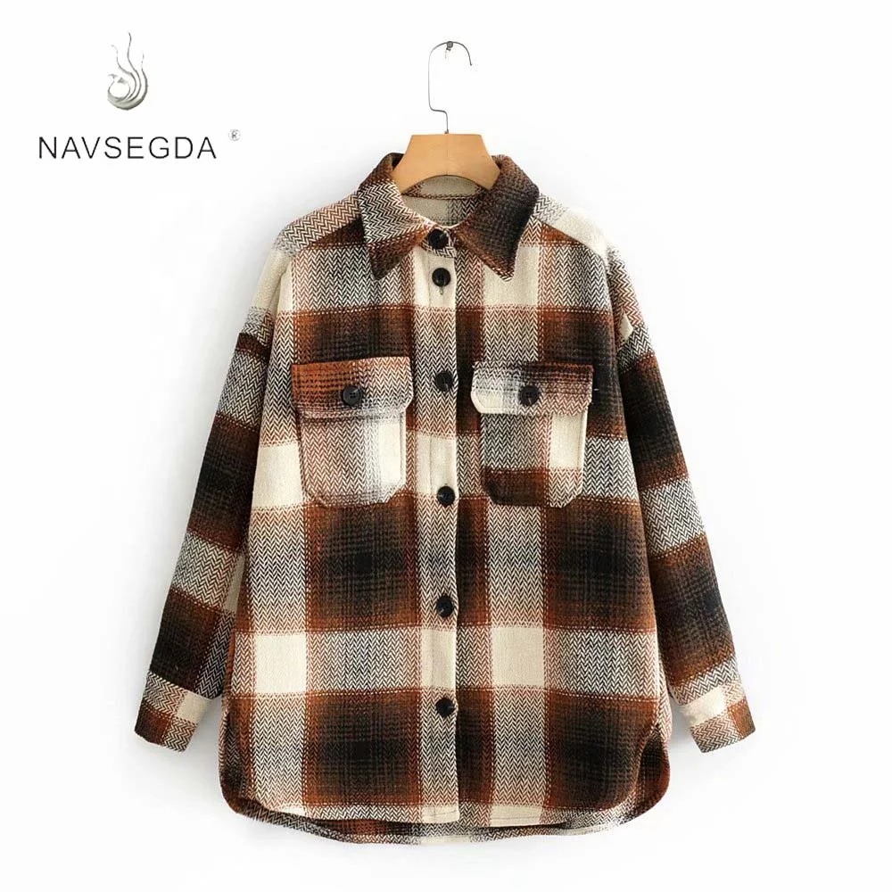 

2020 Vintage women long sleeve woolen coats fashion ladies thick plaid coat female streetwear elegant girls oversize jacket