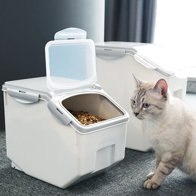 

Eco Friendly Plastic Dog Cat Food Storage Container Pet Food Barrel Dog Food Bucket Bin Container, Grey blue