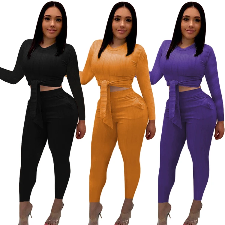 

Women Fashion Two Pieces Crop Top and Long Pants Slim Outfit Pencil Pants Ankle-length Pants Skinny Elastic Waist Plus Size High