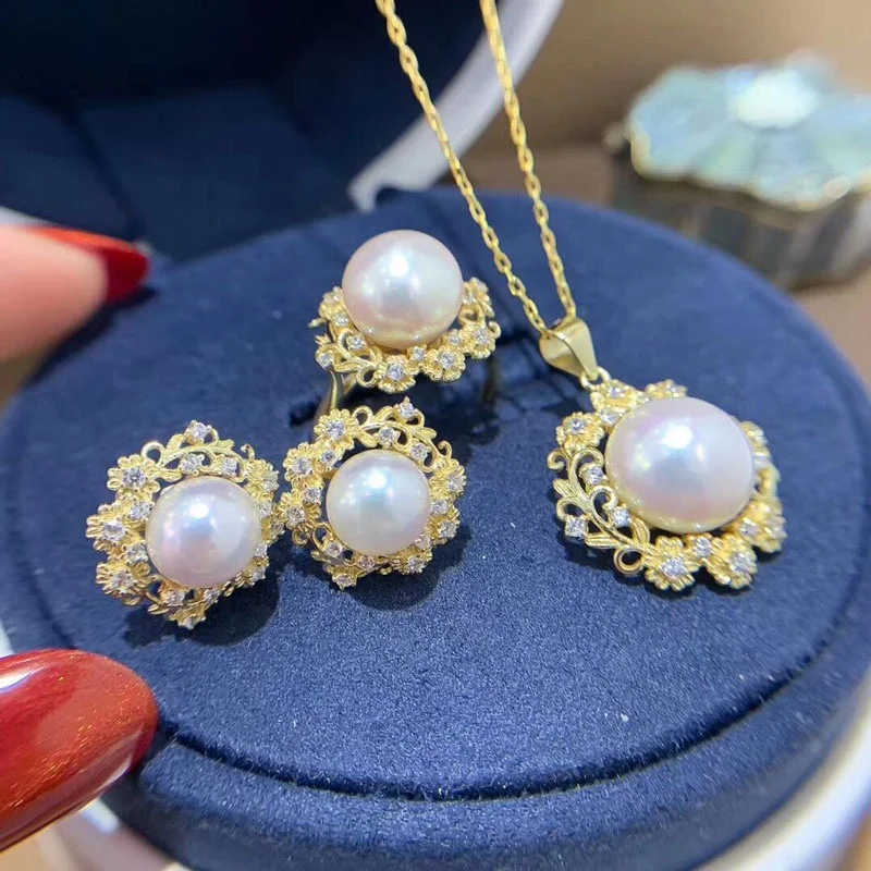 

wholesale 925 sterling silver natural 8-10mm freshwater pearl fashion Costume jewelry set for girls Christmas gift