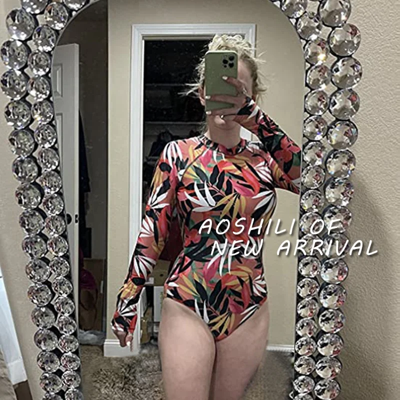 

AOSHILI one piece Long-sleeve Front zipper Surfwear Women's Bathing Suit Young Girls Swimsuit High Waist Swimwear