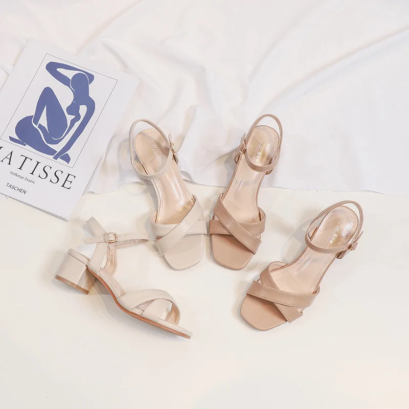 

WOMEN FASHION SHOE CROSS STRAP UPPER SQUARE TOE LOW HEEL SANDAL, Tan , lt.beige