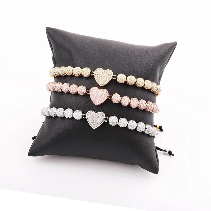 

High Quality New Fashion Luxury CZ Diamond Ball Heart Charm Custom Logo Friendship Cord Bracelet Women