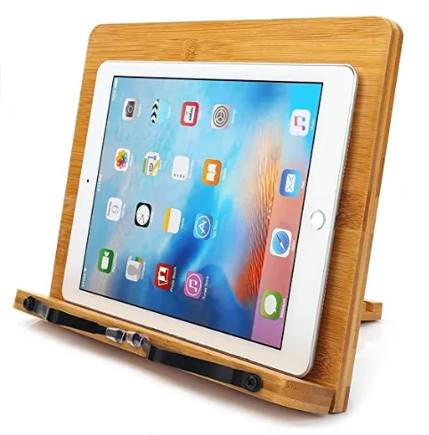 
Bamboo Book Stand,Adjustable Book Holder Tray and Page Paper Clips-Cookbook Reading Desk Portable Sturdy Lightweight 