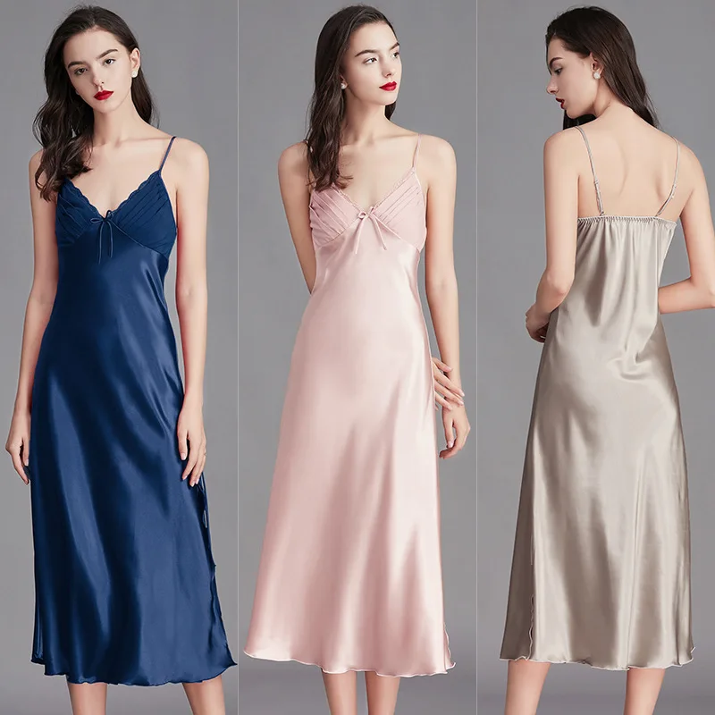 

plug size sling pajamas women summer sexy v neck ice silk satin night dress ladies long home wear sleepwear