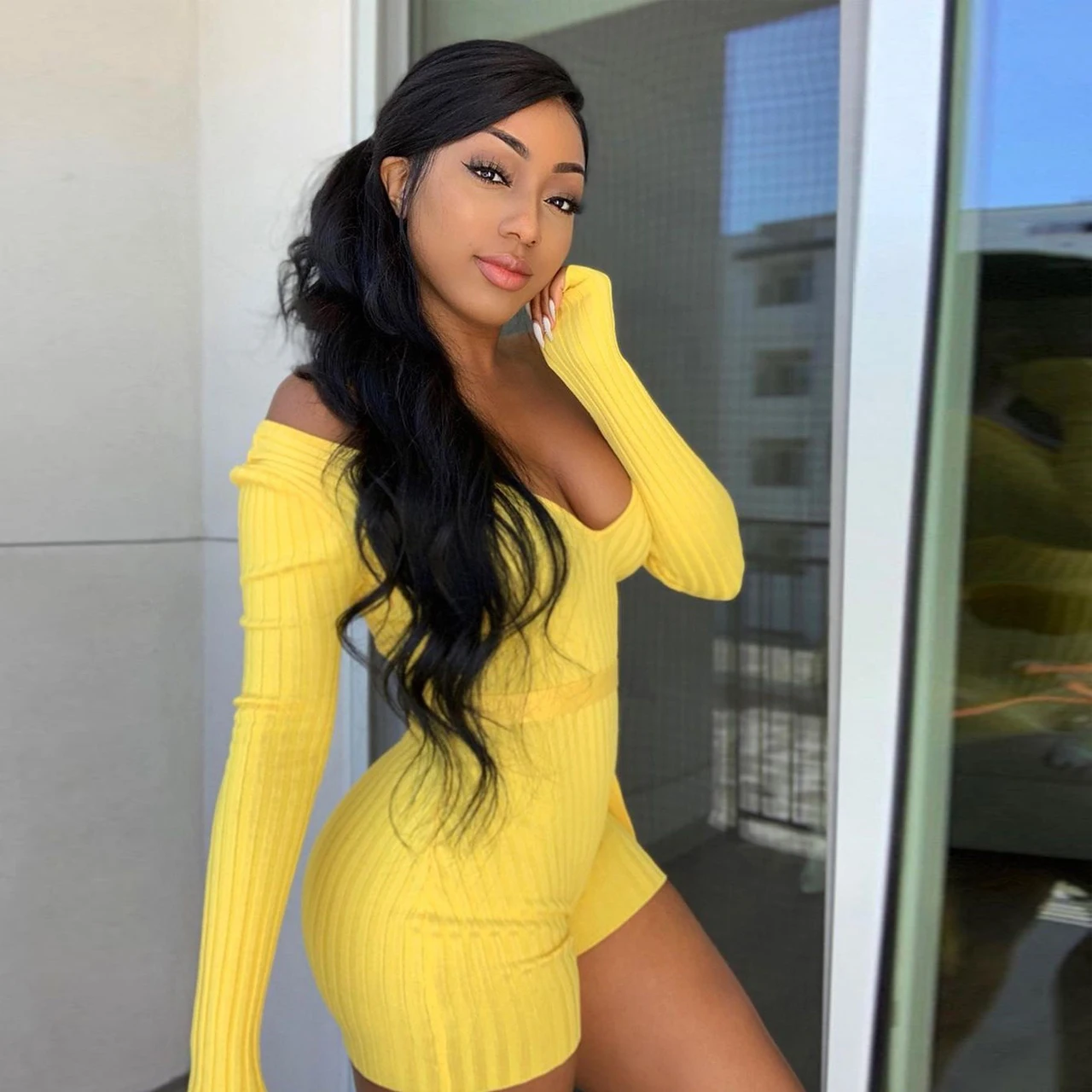 

Summer 2021 new arrivals stretchy sexy off the shoulder yellow jumpsuits women long sleeve one piece shorts set club wear, 1color as picture