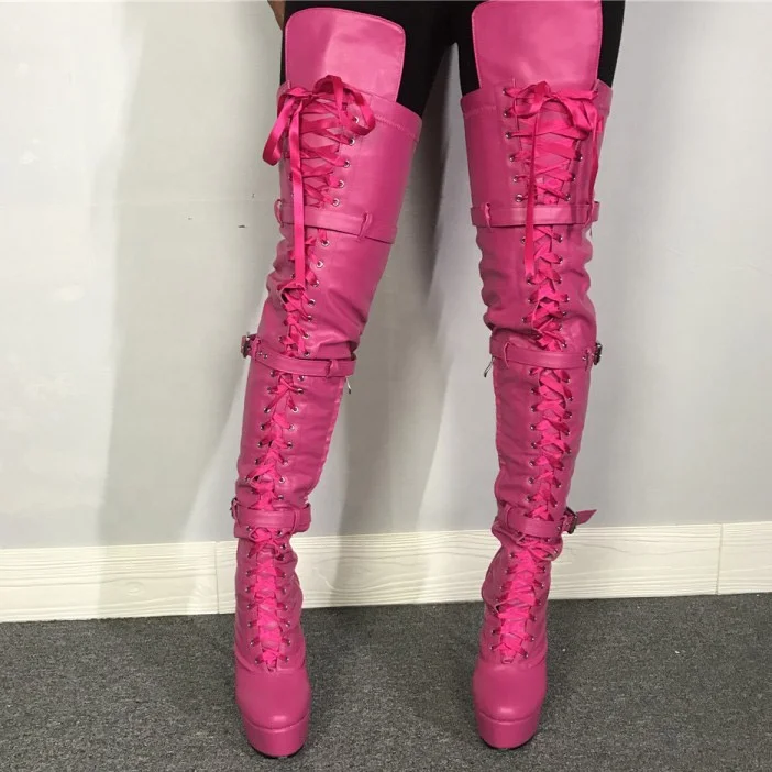 

Buckle Strap Platform PU Upper Lace Up Pointed Toe High Thin Heel Women Thigh High Booties Side Half-zip Over Knee High Boots, Rose red