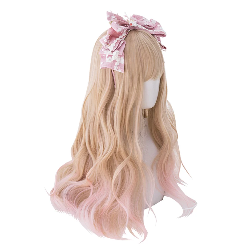 

Orange Apricot Gradient Light Pink Long Wavy Synthetic Hair Wigs Japanese Sweet Cute Lolita Daily Cosplay Party Princess Wigs, Pic showed