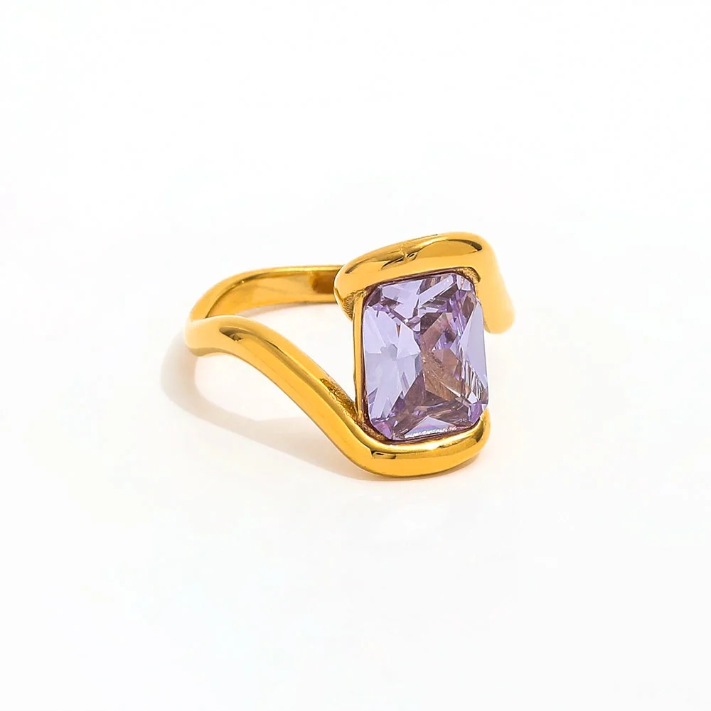 High End 18K Plain Gold Rectangle Purple Zirconia Cross Lines Waved Ring Stainless Steel Trendy Simple Gold Plated Jewelry