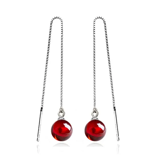 Hot Sale Long Red garnet 925 Sterling Silver Earrings For Women Fashion Jewelry Round Shape Studs Earrings