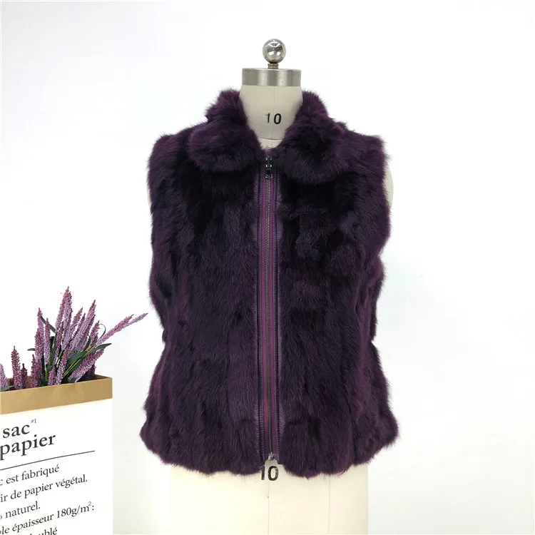 

Women's Fashion Autumn and Winter Warm Short Real Fur Vests Rabbit Polyester Waistcoat Sleeveless Jacket, Dark purplr army green black