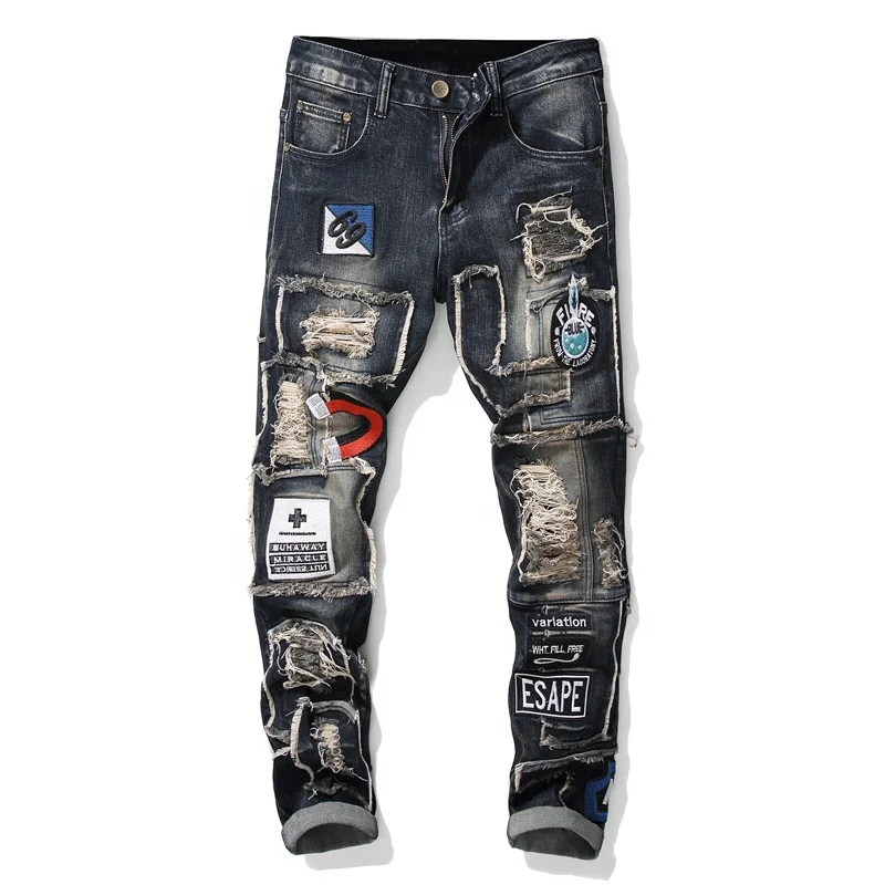 

Men Casual Cotton Denim Straight Slim Fit Rap Harajuku Biker Jean,Men embroidery denim jeans punk rock Jeans Pants Patchwork, Bule