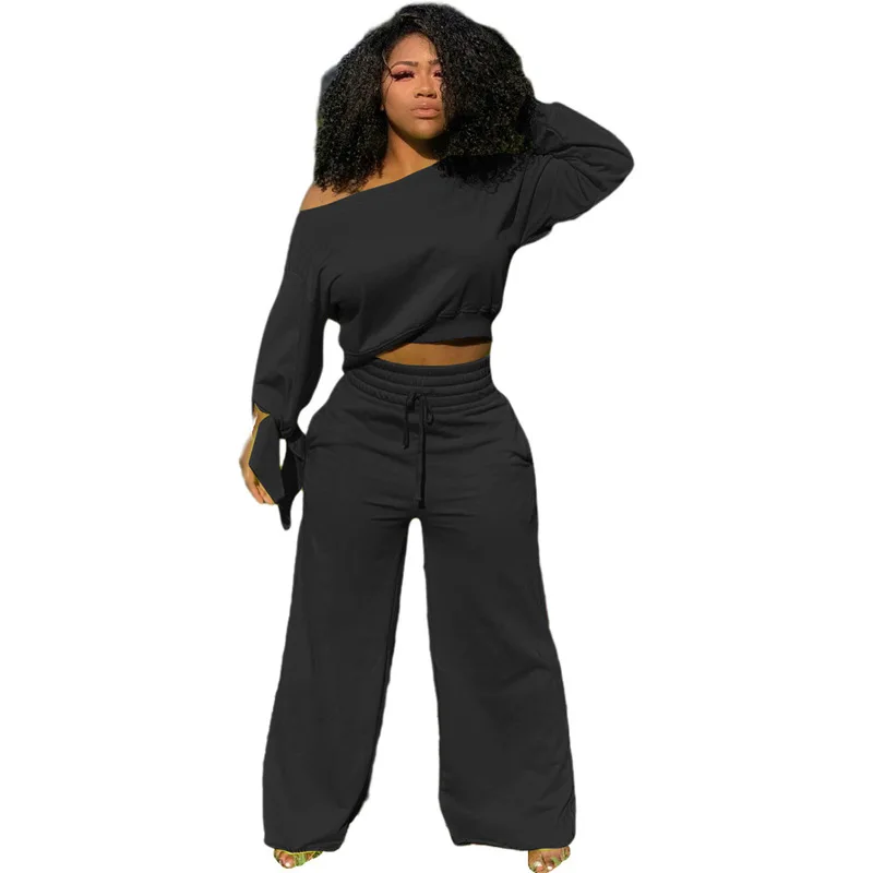 

New product ideas 2021 Fall winter two piece outfits women clothing fashion solid sweatshirt with wide leg pants se, Picture shows