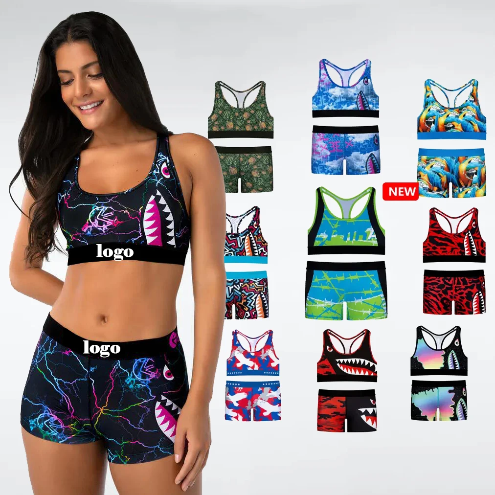 UD01 Wholesale Summer Sports Bra Shorts Two Piece Sets Quick Dry Ethica Printed 2 Piece Casual Knitting Women Underwear Set