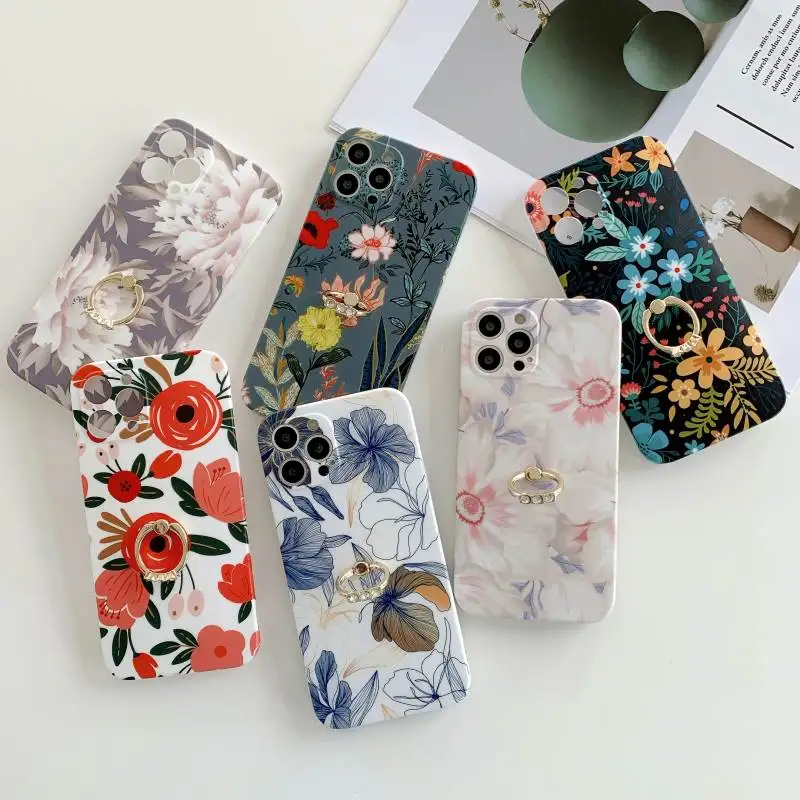 

Hot Selling With Diamonds Ring Phone Case For iPhone 13 12 11 Pro Max X XS XR SE 2020 7 8 Plus Matte IMD Flowers Back Cover