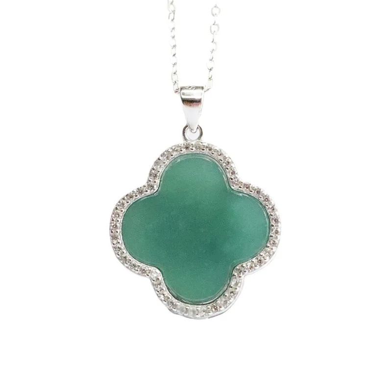 

Free Shipping S925 Silver Inlay Natural Emerald Ice Blue Water Four-Leaf Clover Pendant Jade Jewelry Live Delivery 2051201