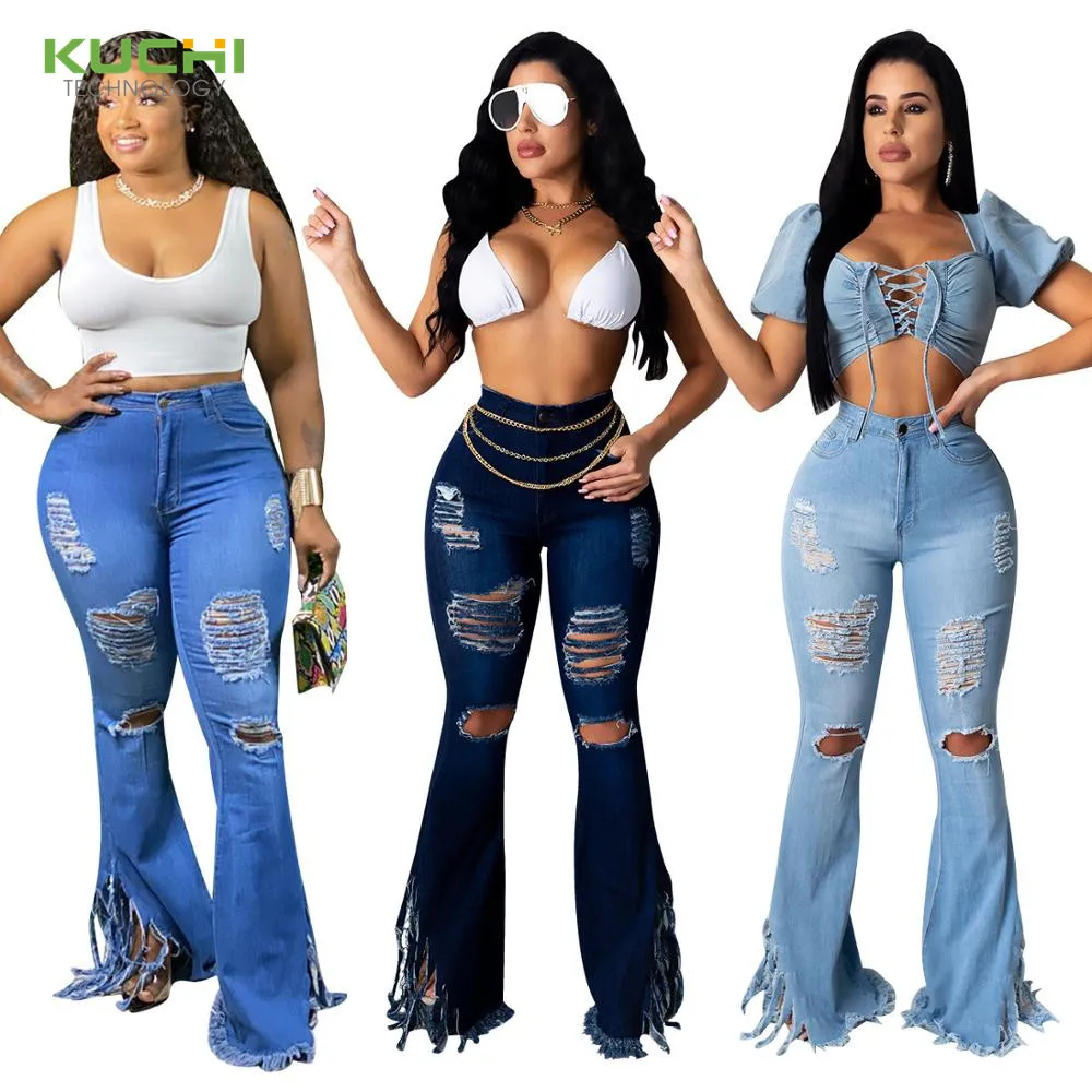 

Women Plus Size Jeans Pants Ladies Bell Bottom Denim Women High Waist Ripped Flare Jeans Denim Trousers