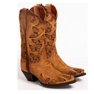 

Women's Embroidered Butterfly Cowgirl Western Boots Womens Retro Knee High Boot Handmade Leather Cowboy Boots Large Size