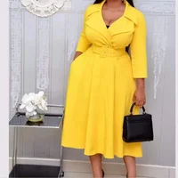 

Office Ladies Deep V Neck Turn Down Collar High Waist Belted Fashion Yellow Women African Ladies Work Wear Plus Size Midi Dress