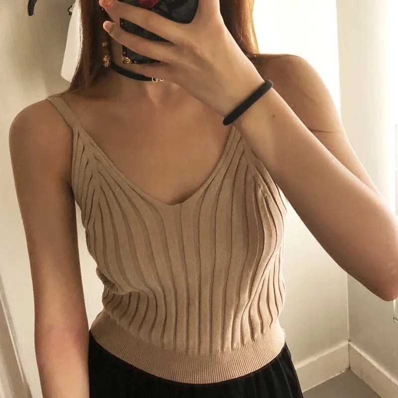 

10% Knitted Ribbed Women V-neck Tank Top Vest Sexy Backless Sleeveless Crop Tops Female 2021 Summer Solid Camisole Women Clothes