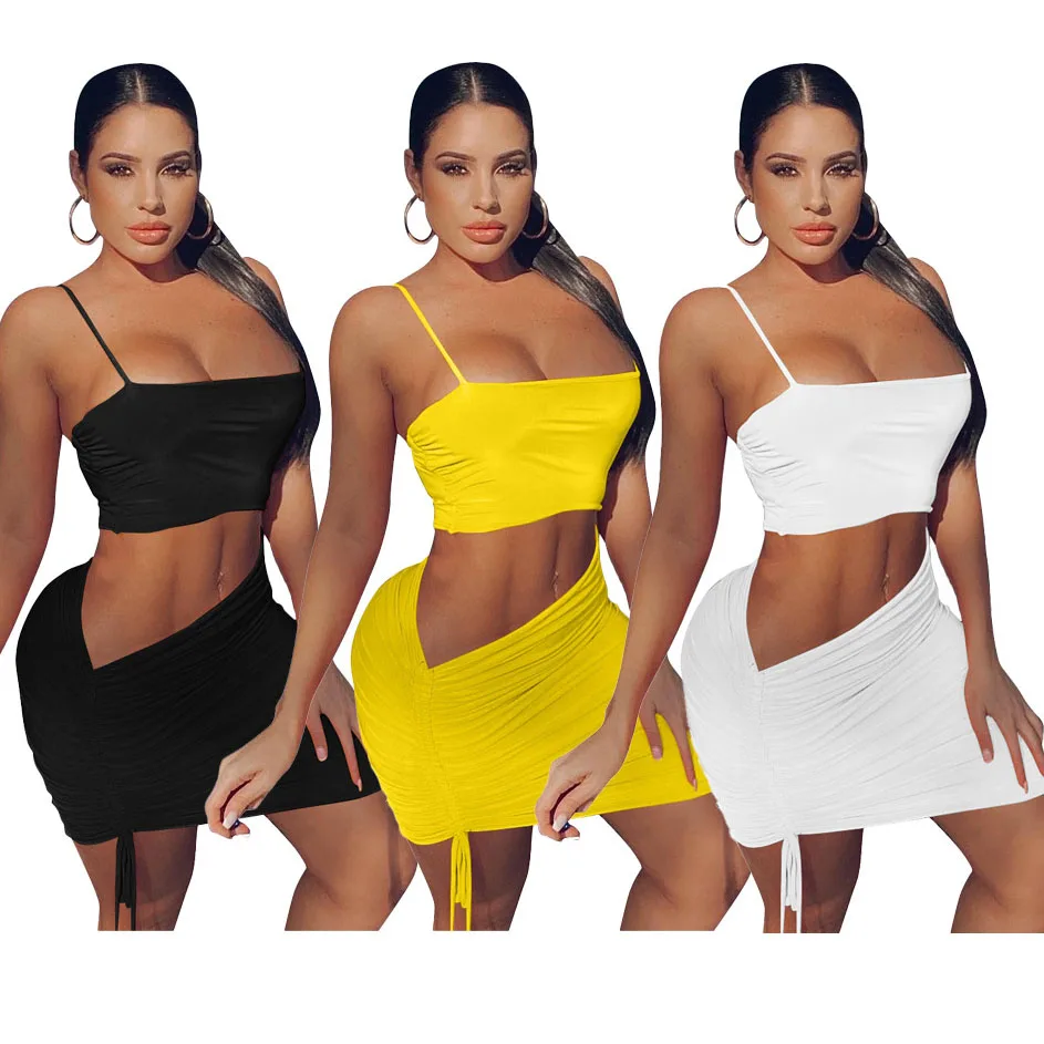 

FS2486D Sexy solid Crop Tops and Skirt 2 Pieces Set Summer Women Streetwear Ruched Bandage Tracksuit dress