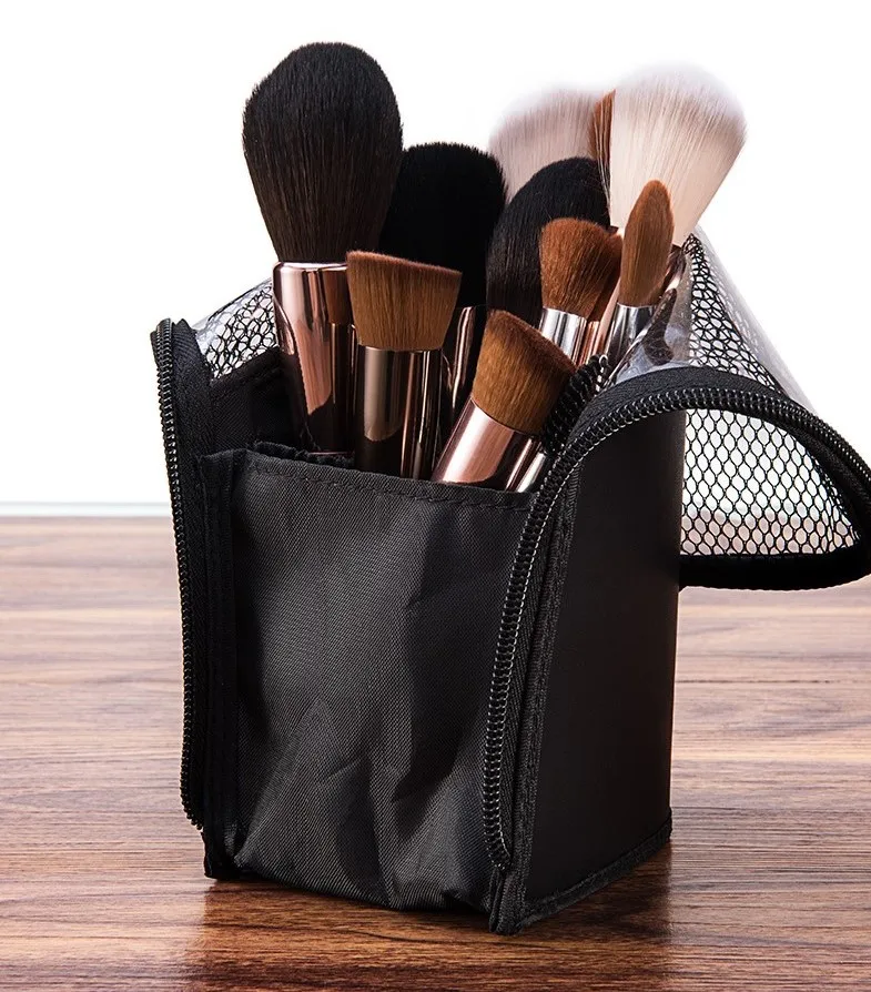 Freestanding Small Makeup Brush Holder Stand Up Brush Case Mesh Black