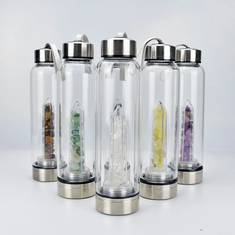 

Feiyou customized Wholesale Natural Rose Gravel stone Infused Gemstone crystal Points Glass Water Bottle, Customized color