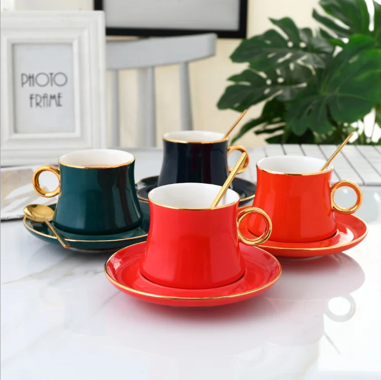 

Fashion Simple Nordic Gold Tracing Handle Ceramic Coffee Cups Saucers, Blue green red