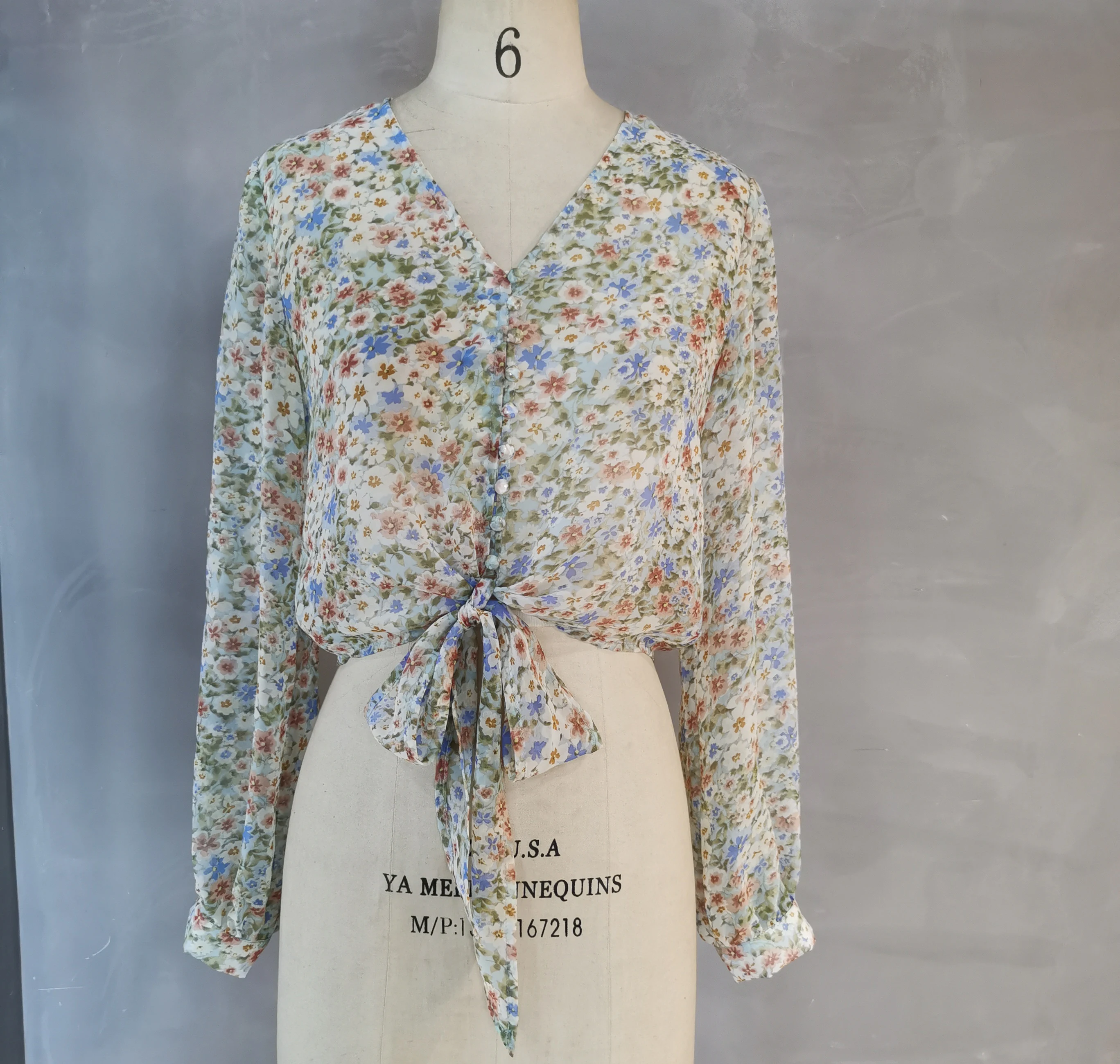 

New collection bow front spring Floral print women's vintage chiffon blouse, As photo