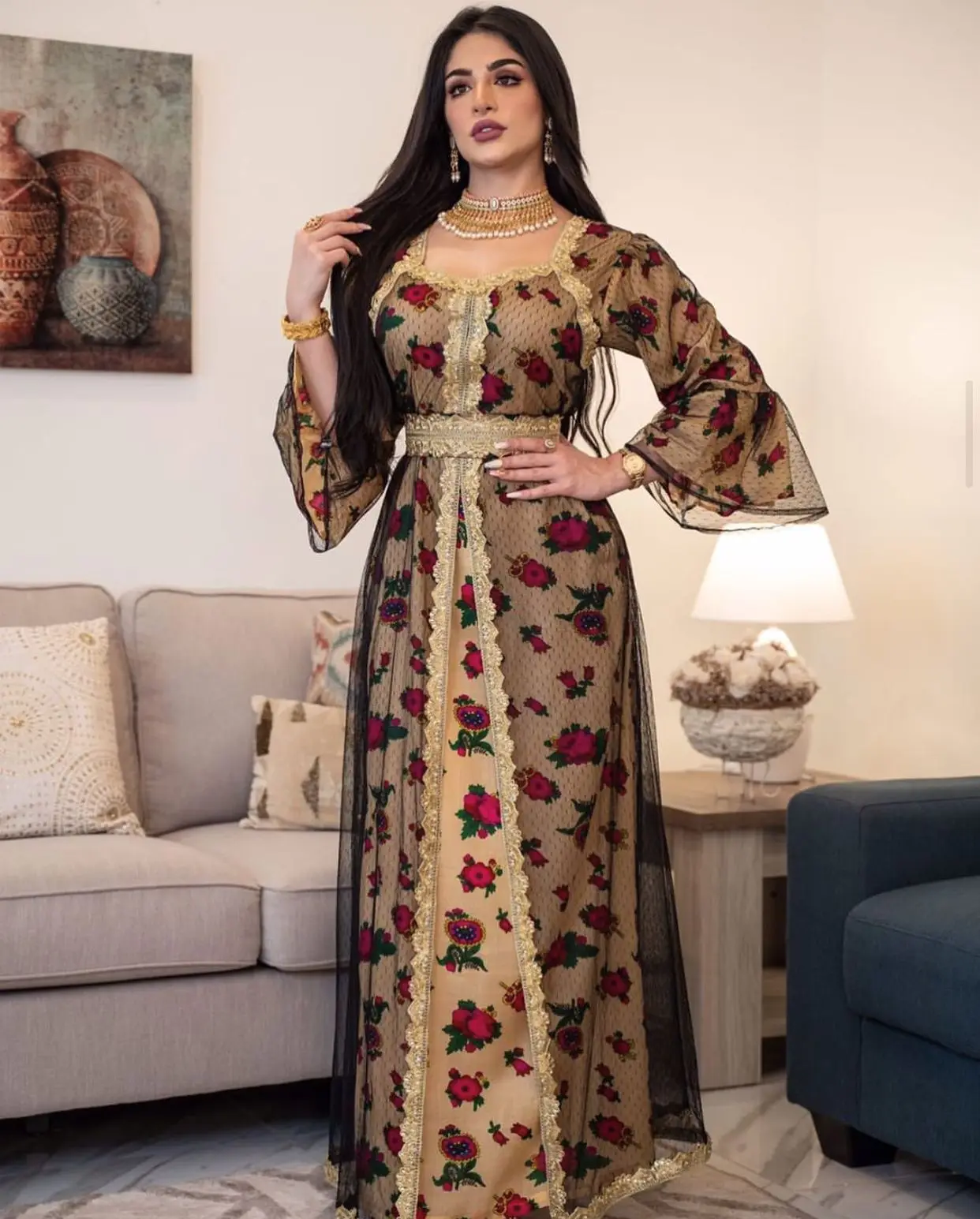 

2021 Islamic clothing beautifully embroidered Printed lace mesh Arabic ashionable Muslim abaya worn by Turkish women in Dubai, Blue,yellow