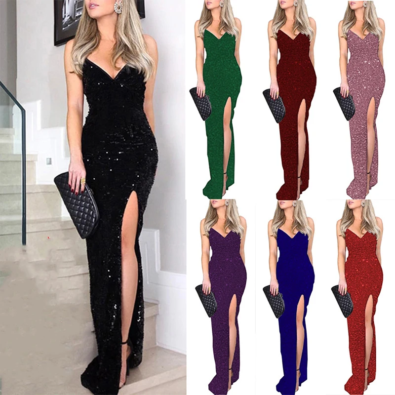

Summer Woman Casual Suspender V Neck Stamping Sequin Dresses Sexy Split High Waist maxi dress, Red, wine red, purple, black, bean paste powder, royal blue