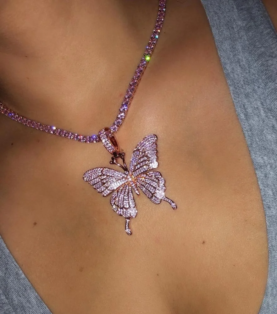 

2020 iced out bling 5mm 5A cubic zirconia tennis chain pink butterfly women necklace, Rose gold