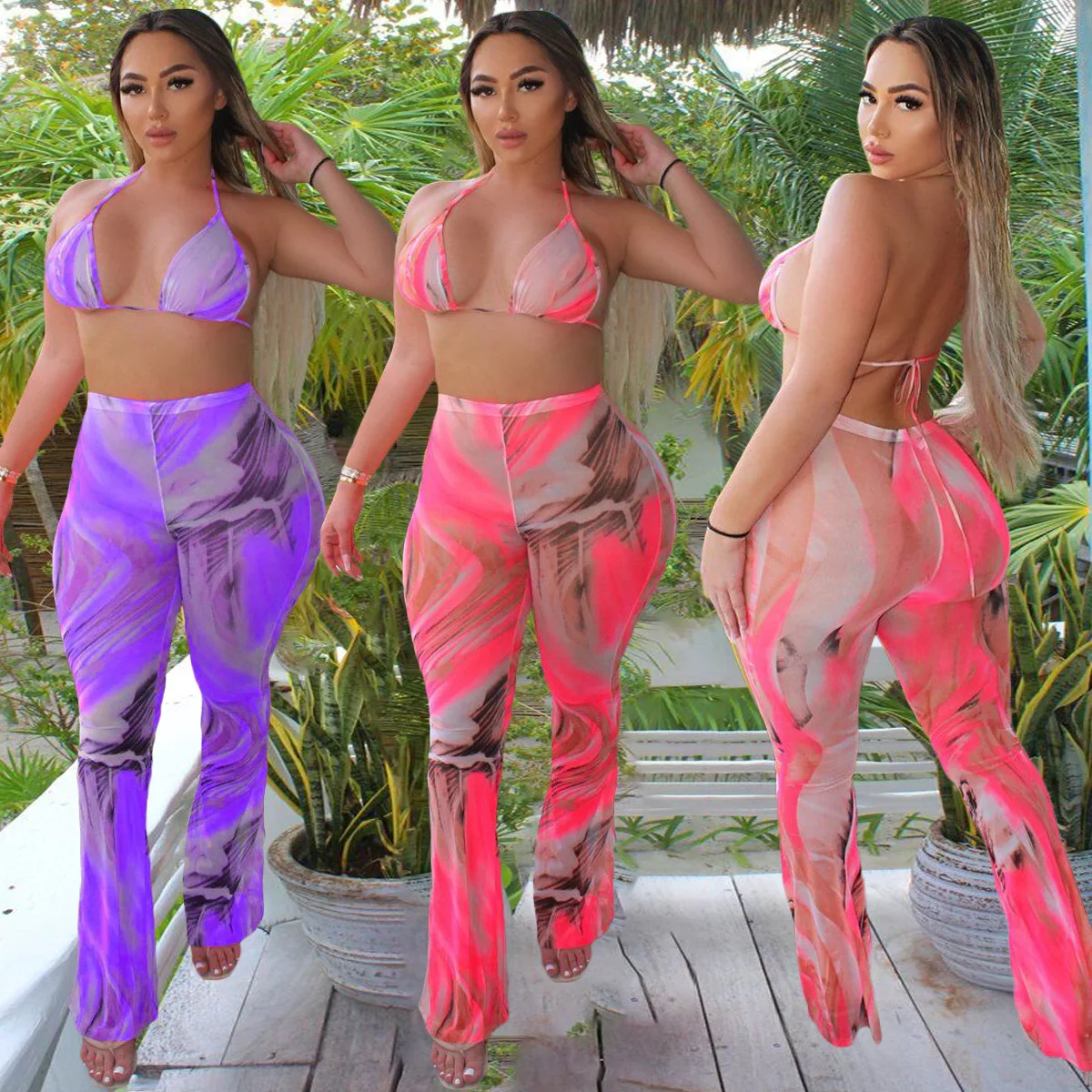 

Summer women's new fashion outfit trend printing swimsuit mesh sexy 2 piece set