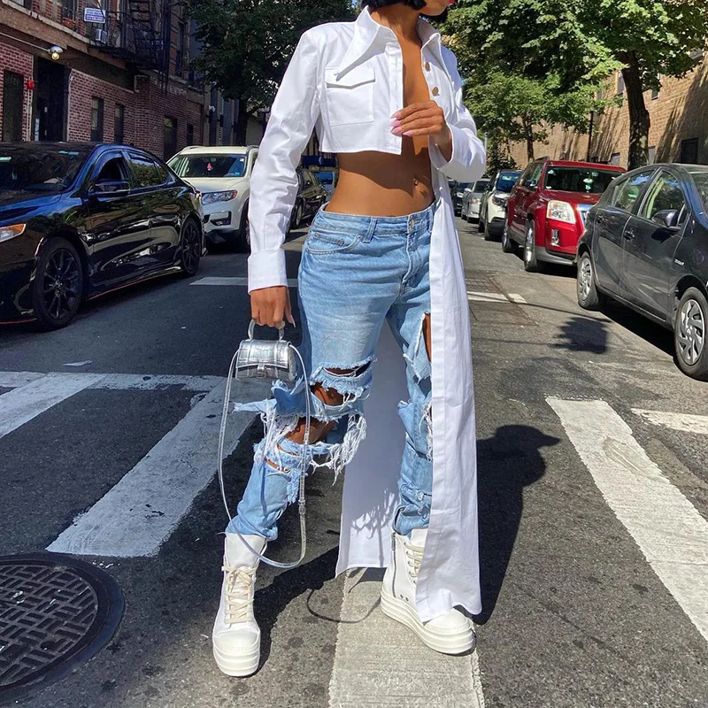 

2021 new women tops fashionable long sleeve crop top shirt asymmetrical women shirts, 2 colors