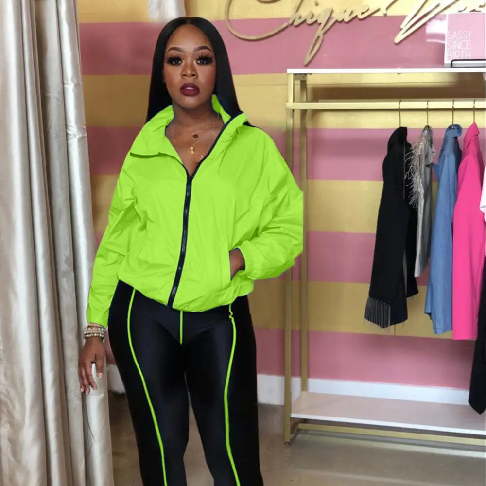 

Wholesale hot sales women women's long sleeve windbreaker suit Solid fluorescent spring two piece set 2 piece set clothing