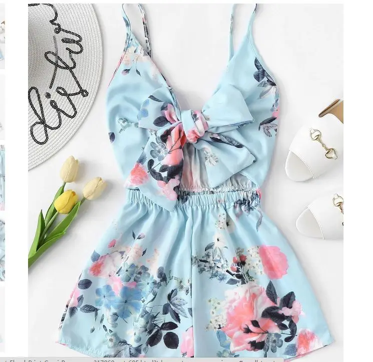 

Women Fashion New Bow Backless Sexy Playsuits Casual Summer Sling V-neck Mini Rompers Women Print Loose Jumpsuit