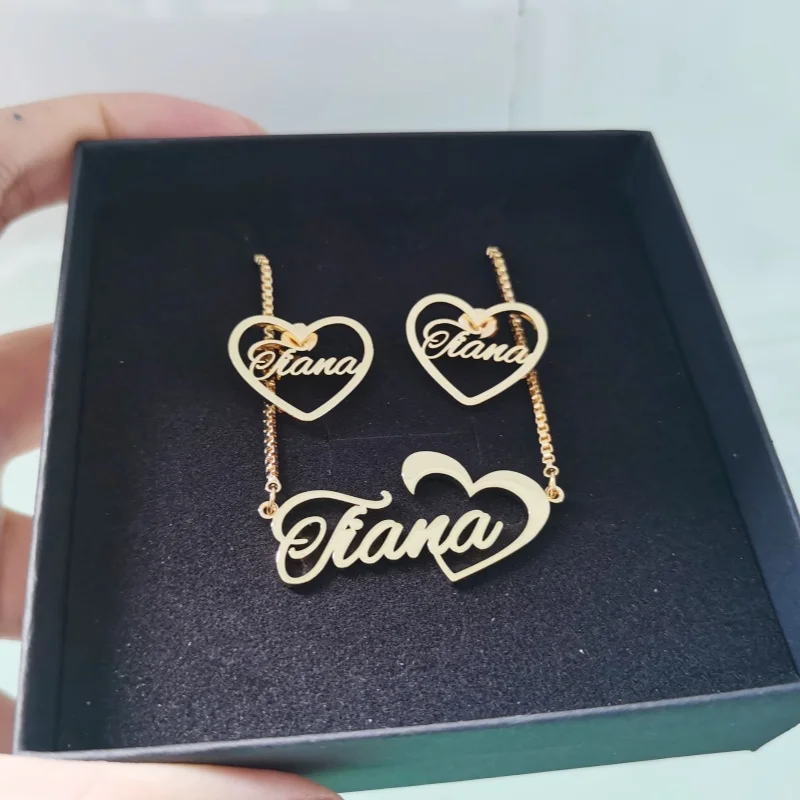 Qiuhan 20mm Heart Earrings Necklace Set Personalized Stainless Steel Custom Name Jewelry Set
