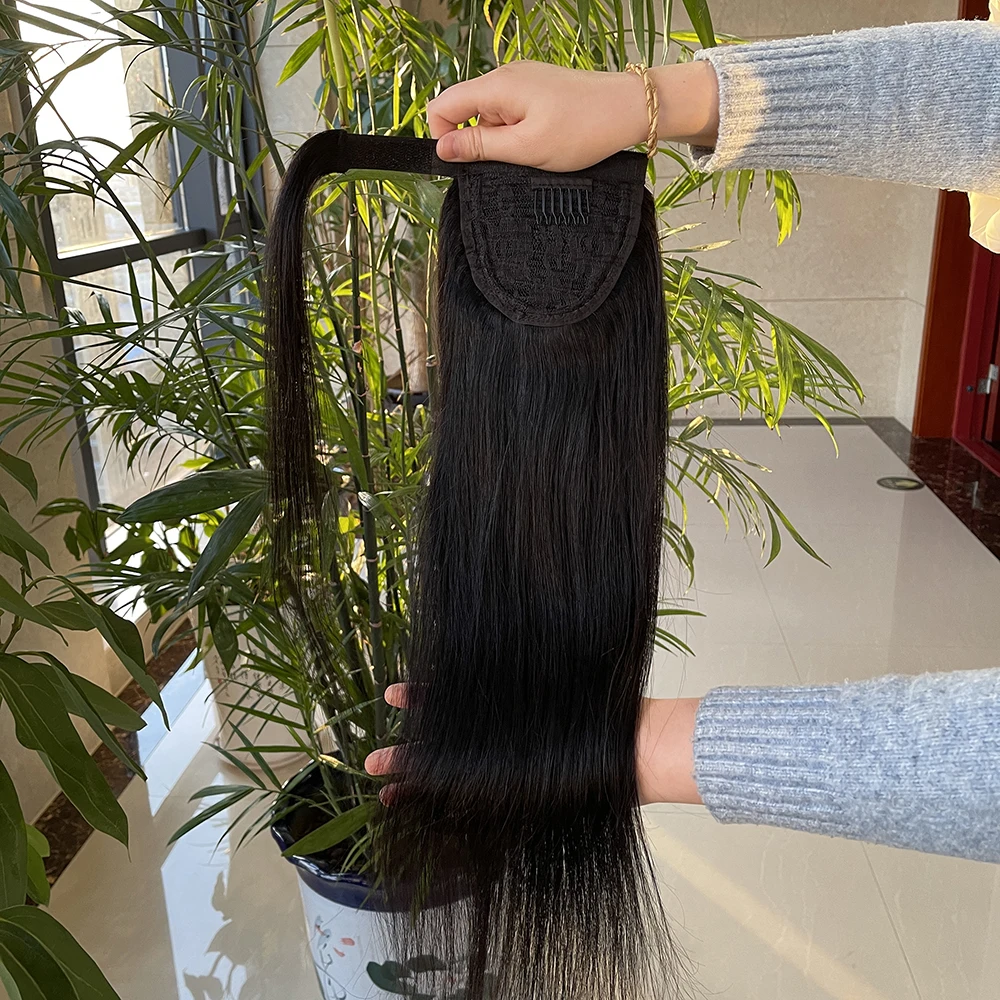 Silk Straight Human Clip in Hair Ponytail Hair Pieces Wrap Around Remy 100% Human Hair Ponytails Extensions for Black Women