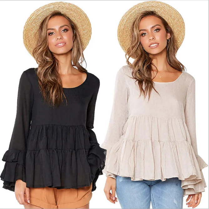 

Peplum Tops for Women Long Sleeve Round Neck Ruffle Hem Casual Tunic Shirt Loose Blouse