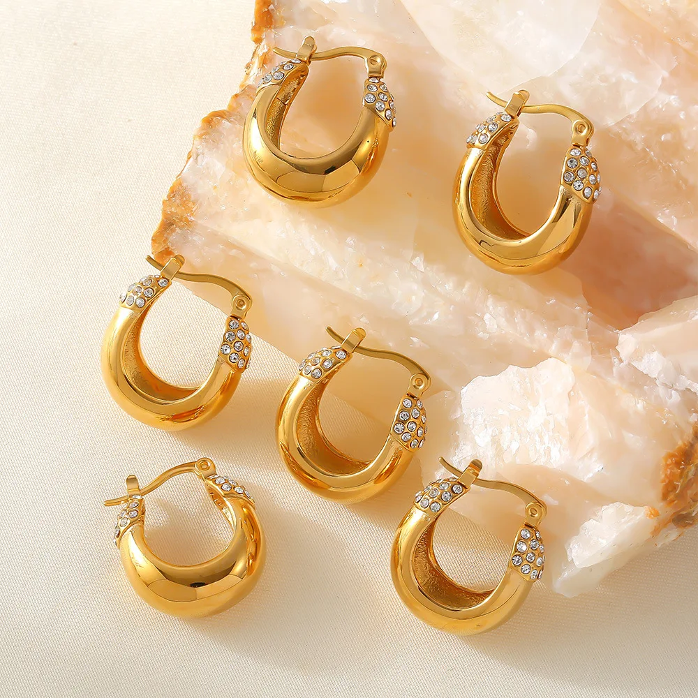 YF3939 Stainless Steel 18k Gold Plated Geometric U Shaped Waterproof Zircon Earrings Women