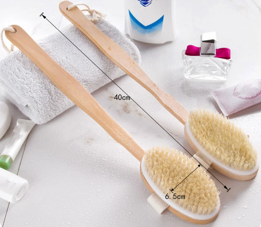 

Private Label Detachable Long Handle Massage Bath Brush Wood Natural Bristle Dry Skin Bath Body Brush, Natural wood color