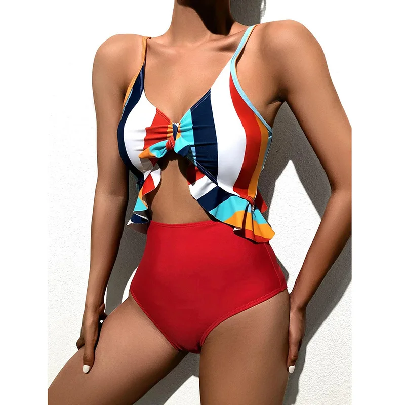 

Wholesale Ruffled Cutout Sling Swimsuit One Piece V Neck Multi Stripe Bathing Suits Women Swimwear 2021