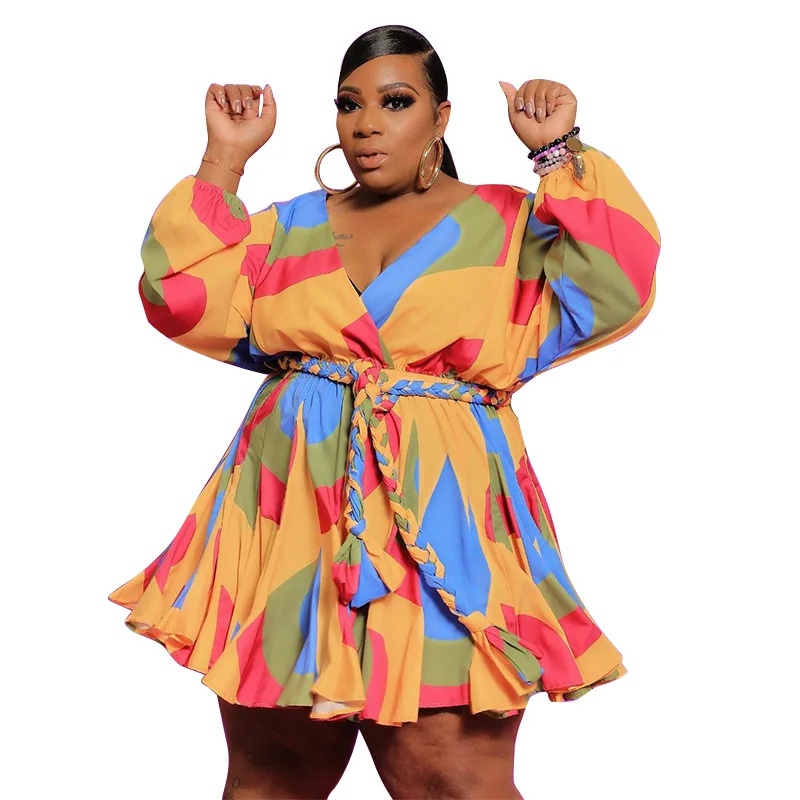 

Ladies Printed deep v neck beach time clothing plus size women dress boho casual dress for summer