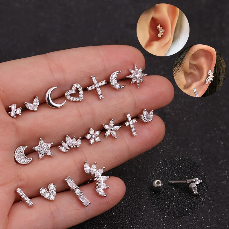 

Barlaycs Stainless Steel Moon Star Flower Bling Diamond Crystal Zircon Korean Fashion Tiny Stud Earrings for Women Jewelry
