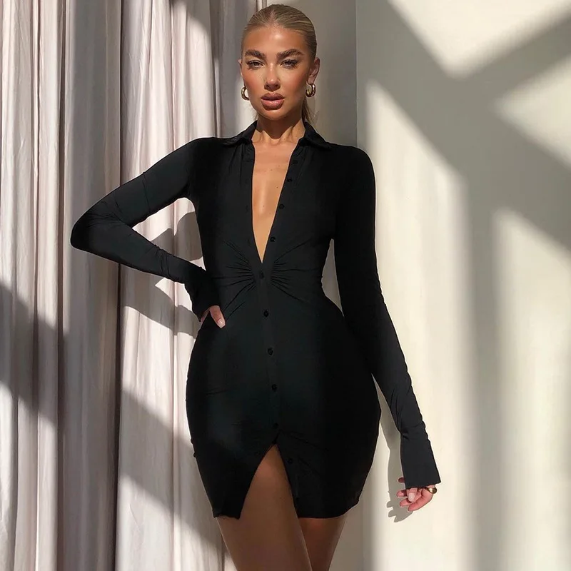 

Waist Ruched Breasted Bodycon Party Dress Women Split Long Sleeve Bodycon Autumn Black Dress